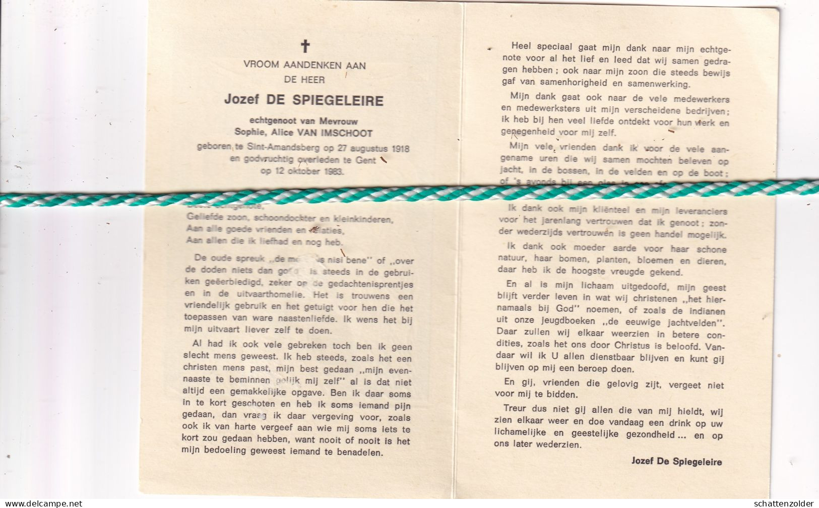 Jozef De Spiegeleire-Van Imschoot, Sint-Amandsberg 1918, Gent 1983 - Obituary Notices