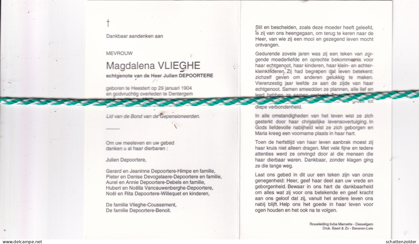 Magdalena Vlieghe-Depoortere, Heestert 1904, Dentergem 1996. Foto - Obituary Notices
