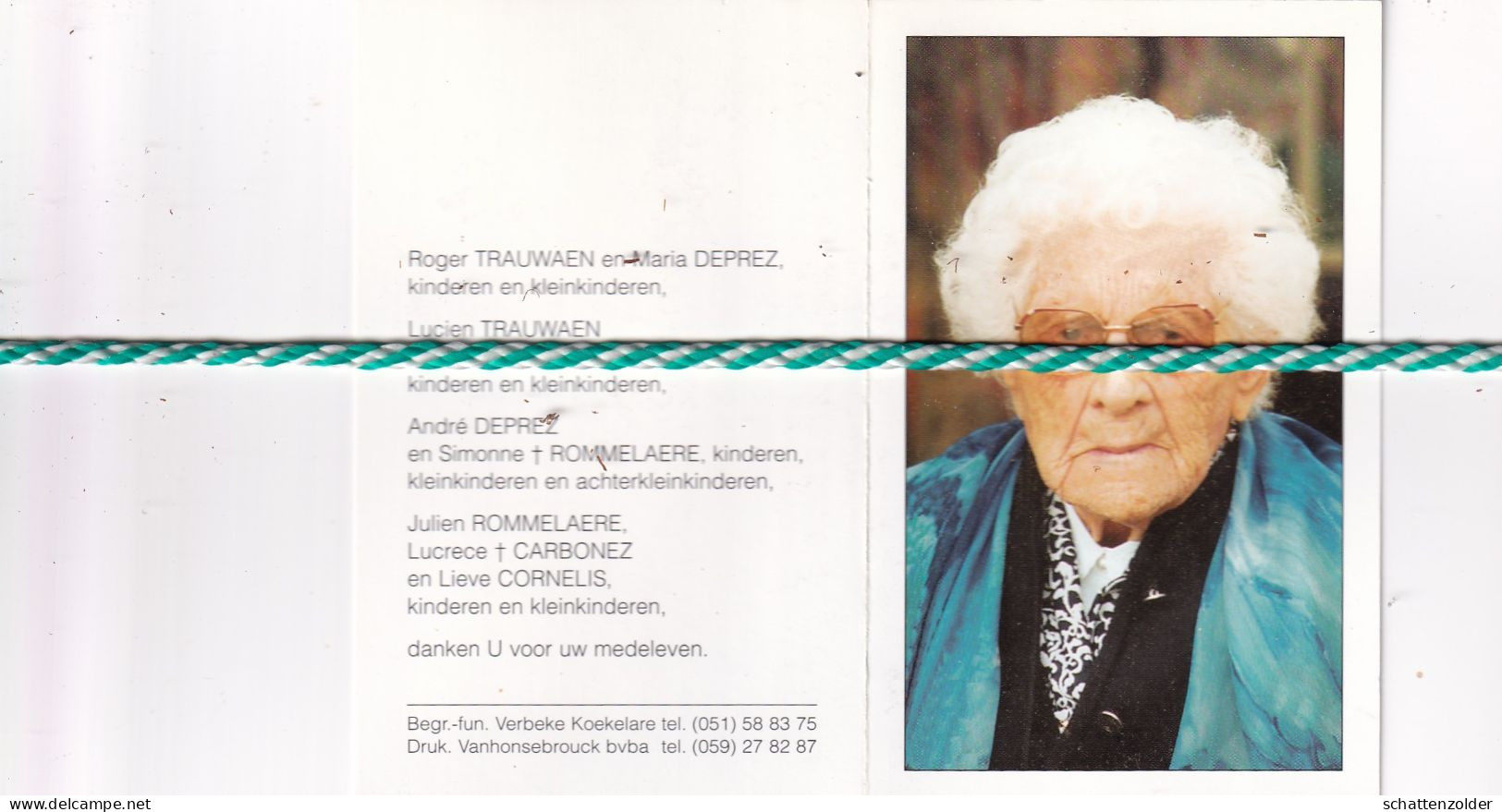 Augusta Decleir-Trauwaen-Rommelaere, Koekelare 1896, 1998. Honderdjarige. Foto - Obituary Notices