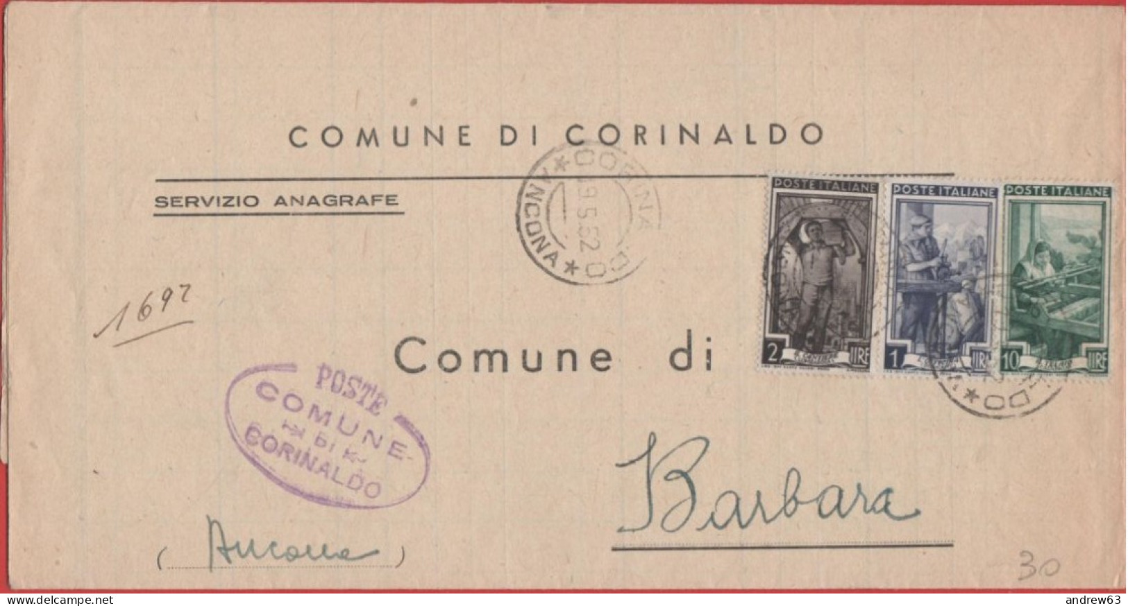 ITALIA - Storia Postale Repubblica - 1952 - 10 + 2 + 1 Italia Al Lavoro - Corrispondenza Tra Sindaci - Comune - Viaggiat - 1946-60: Marcofilia