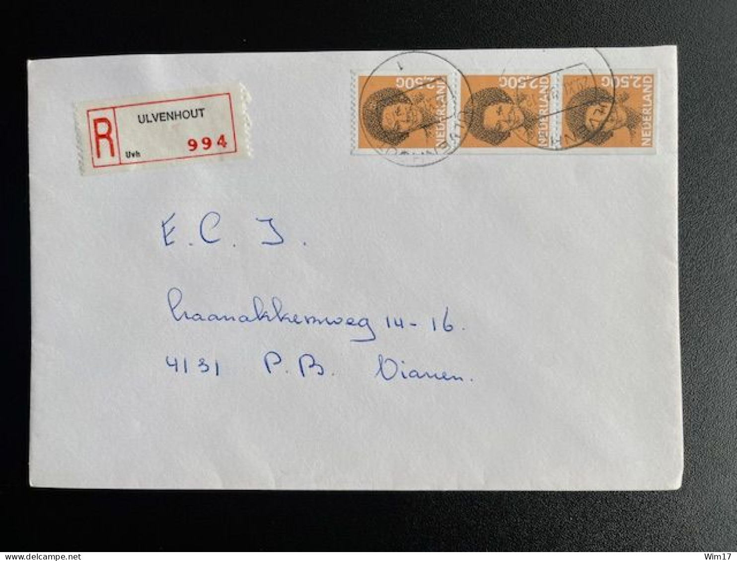 NETHERLANDS 1991 REGISTERED LETTER ULVENHOUT TO VIANEN 29-11-1991 NEDERLAND AANGETEKEND - Cartas & Documentos