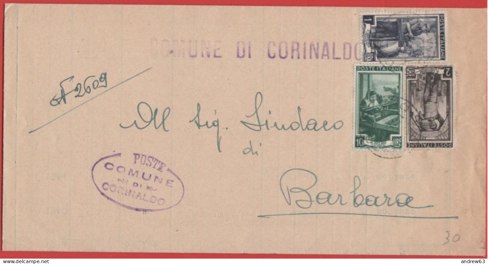 ITALIA - Storia Postale Repubblica - 1951 - 10 + 2 + 1 Italia Al Lavoro - Corrispondenza Tra Sindaci - Comune - Viaggiat - 1946-60: Poststempel