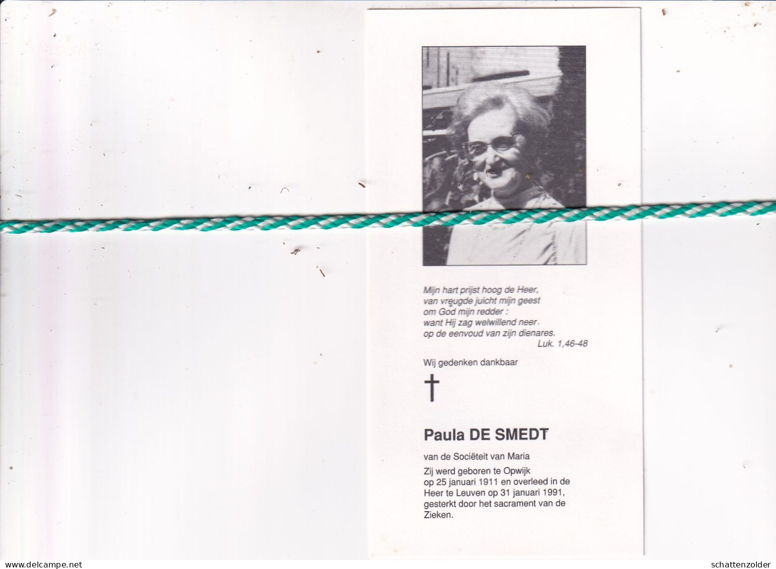 Zuster Paula De Smedt, Opwijk 1911, Leuven 1991. Foto - Obituary Notices