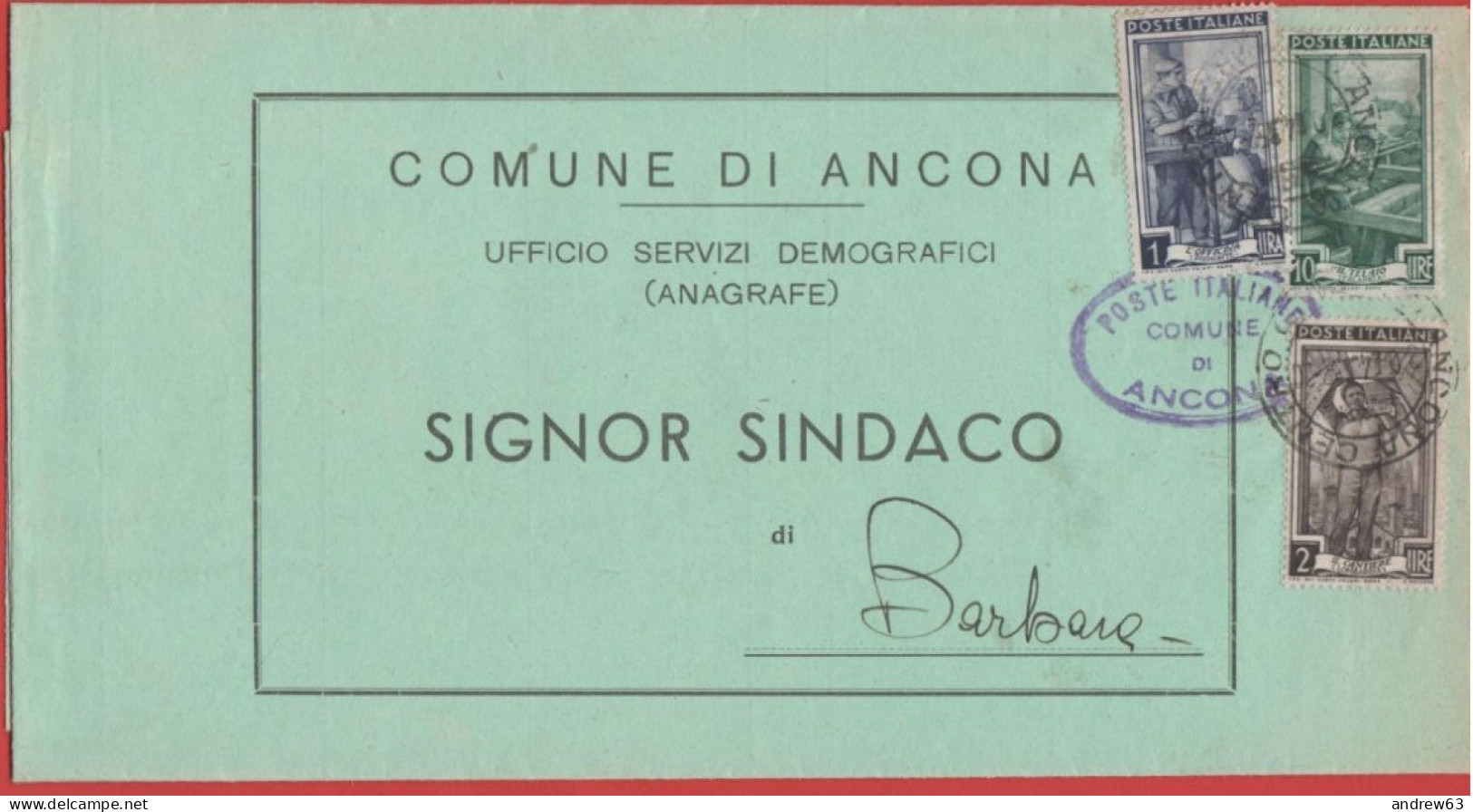 ITALIA - Storia Postale Repubblica - 1952 - 10 + 2 + 1 Italia Al Lavoro - Corrispondenza Tra Sindaci - Comune - Viaggiat - 1946-60: Marcophilie