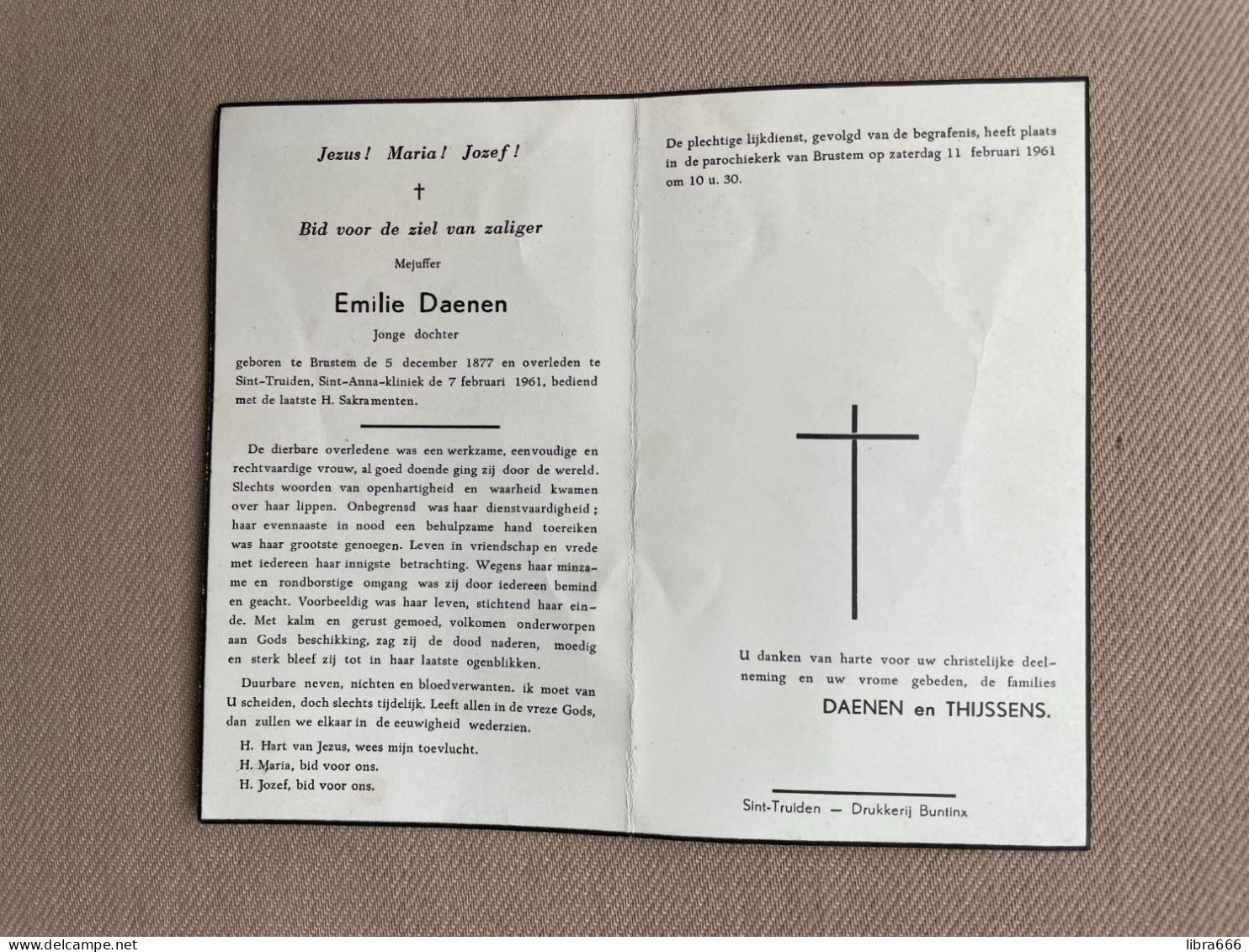 DAENEN Emilie °BRUSTEM 1877 +SINT-TRUIDEN 1961 - THIJSSENS - Obituary Notices