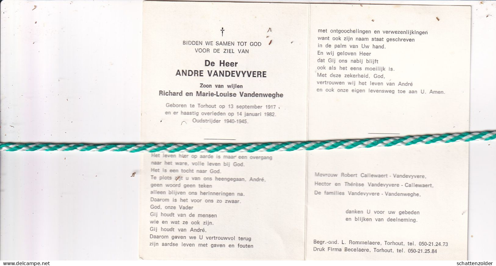 Andre Vandevyvere-Vandenweghe, Torhout 1917, 1982. Oud-strijder 40-45 - Obituary Notices