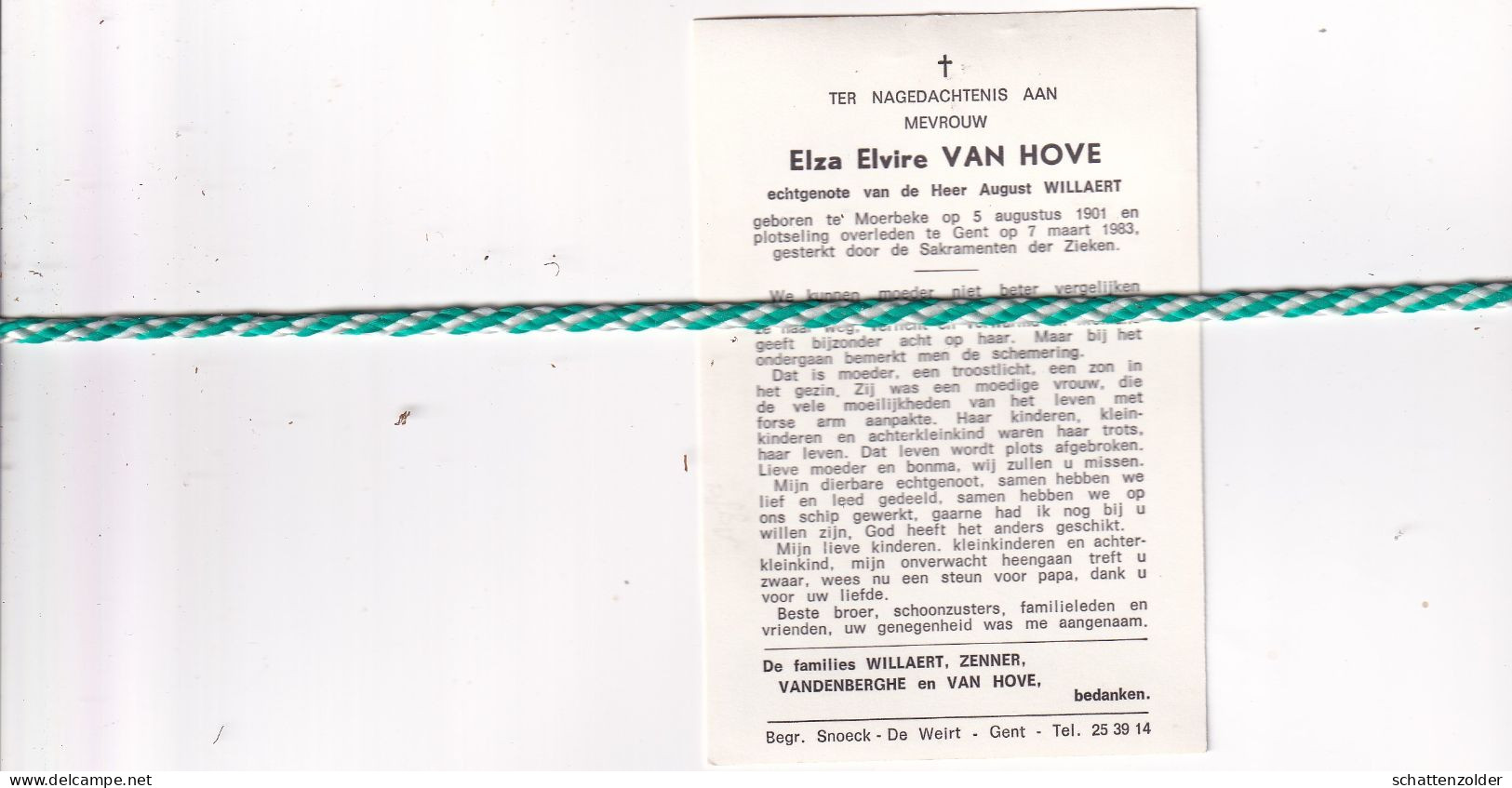 Elza Elvire Van Hove-Willaert, Moerbeke 1901, Gent 1983. Foto - Obituary Notices