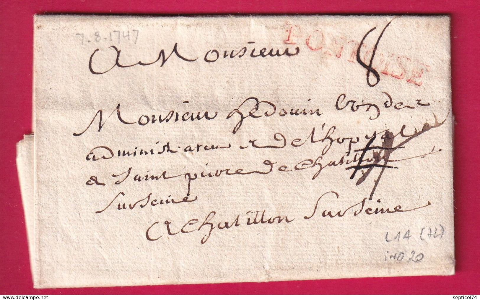 MARQUE PONTOISE SEINE ET OISE 1747 EN ROUGE LENAIN N°1A INDICE 20 POUR CHATILLON SUR SEINE COTE D'OR TAXE MODIFIEE - 1701-1800: Vorläufer XVIII