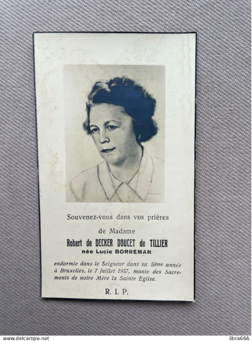 BORREMAN Lucie °(BRUXELLES 1899) +BRUXELLES 1957 - DE DECKER DOUCET DE TILLIER - Décès