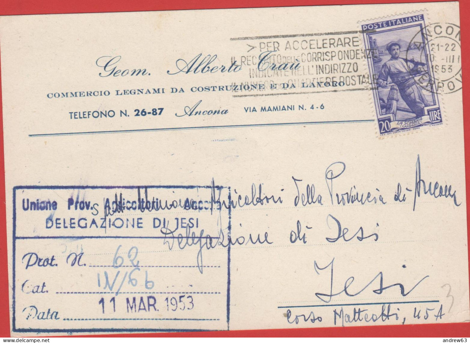 ITALIA - Storia Postale Repubblica - 1953 - 20 Italia Al Lavoro (Isolato) + Flamme Quartiere Postale - Cartolina - Geom. - 1946-60: Marcophilie