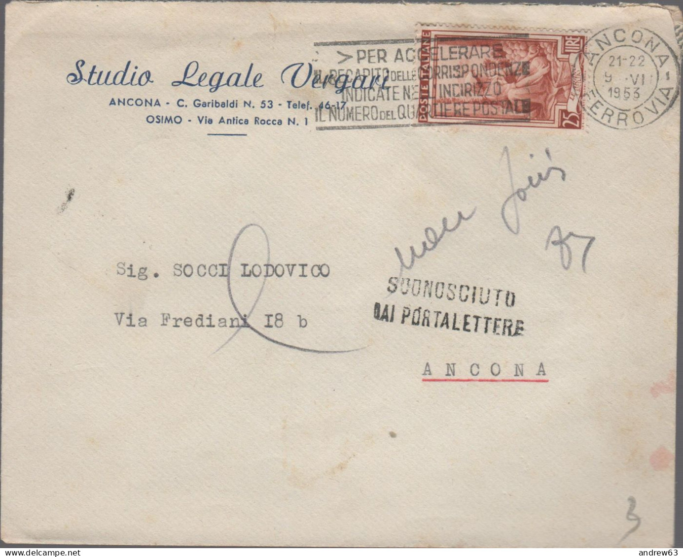 ITALIA - Storia Postale Repubblica - 1953 - 25 Italia Al Lavoro (Isolato) + Flamme Quartiere Postale - Lettera - Studio - 1946-60: Poststempel