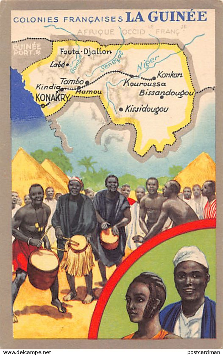 Guinée Conakry - Carte Géographique De La Colonie - Tam-tam - Couple Africain - Ed. Lion Noir  - Guinée