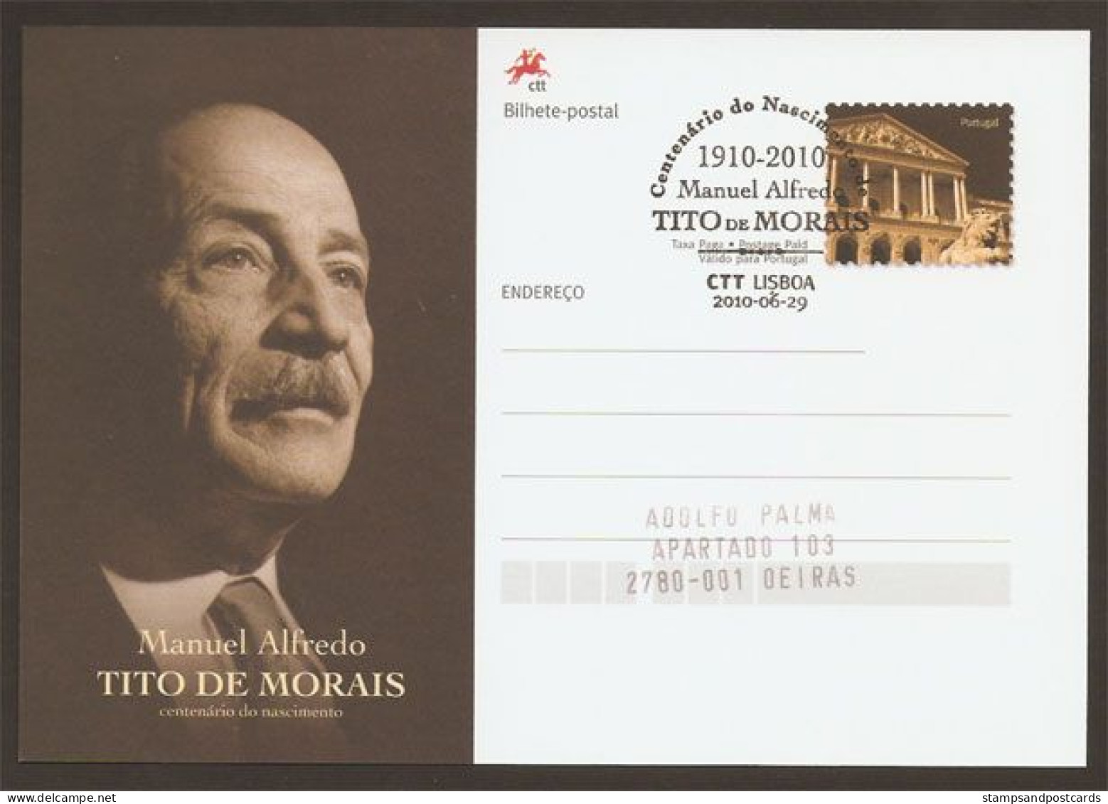 Portugal Entier Postal Tito De Morais Fondateur PS Parti Socialiste Cachet 2010 Stationery Socialist Party Pmk - Postwaardestukken