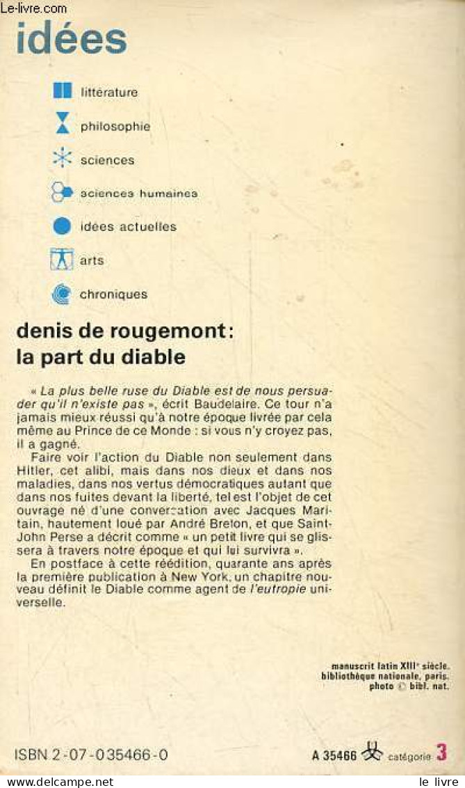 La Part Du Diable - Collection Idées N°466. - De Rougemont Denis - 1982 - Other & Unclassified