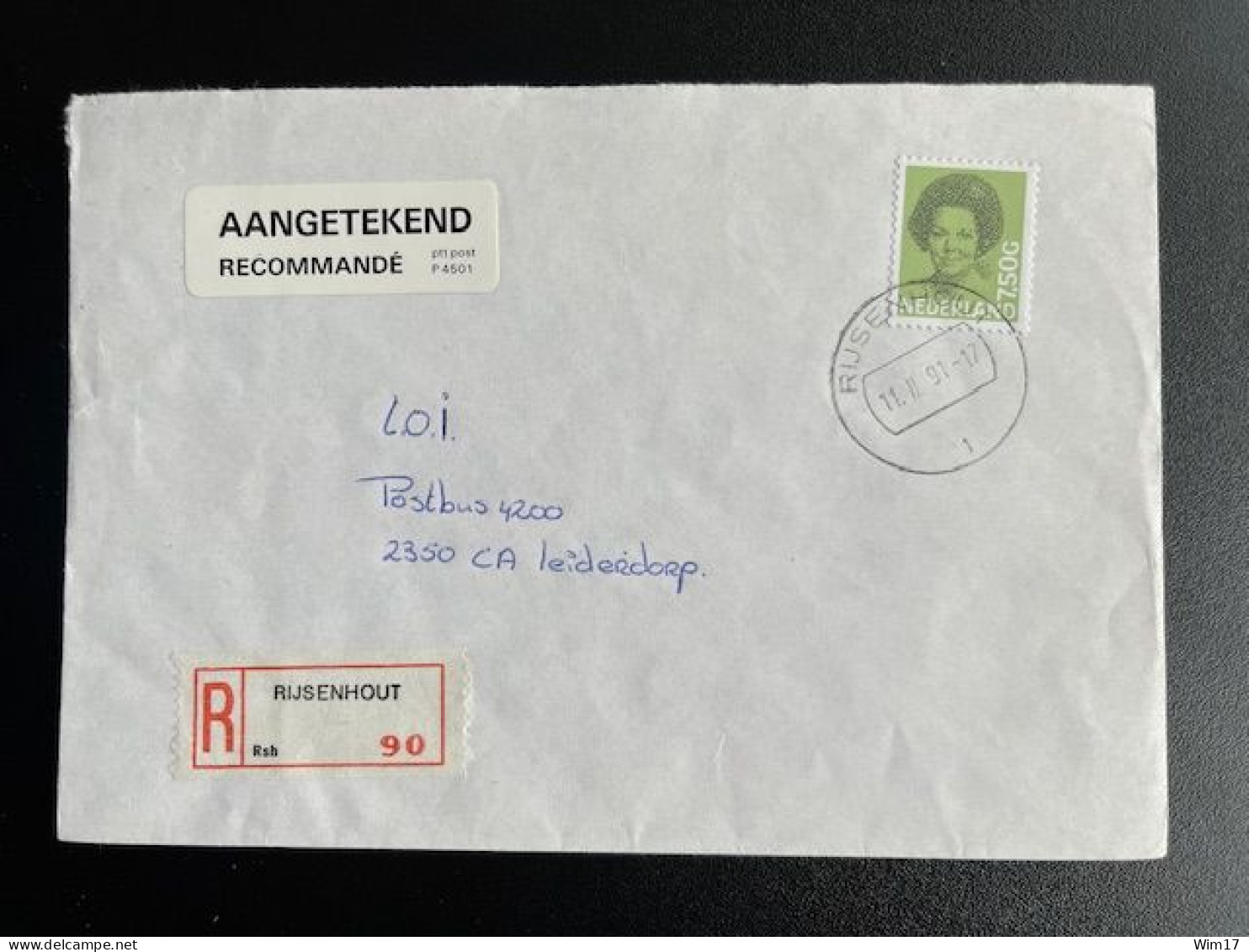 NETHERLANDS 1991 REGISTERED LETTER RIJSENHOUT TO LEIDERDORP 11-02-1991 NEDERLAND AANGETEKEND - Briefe U. Dokumente