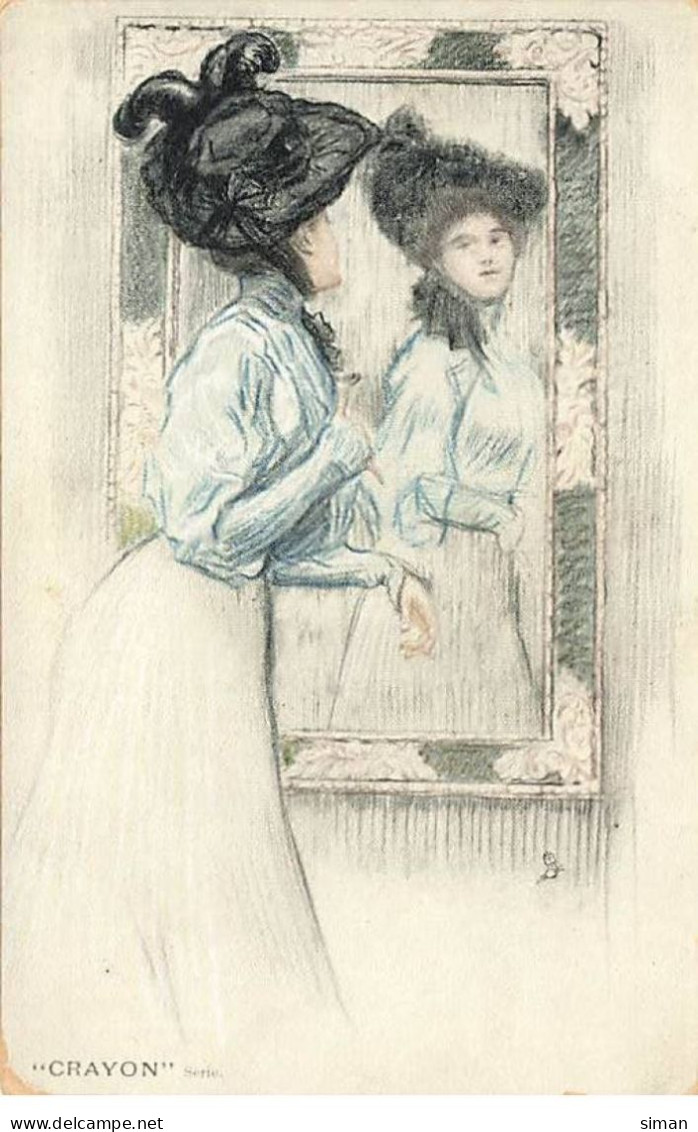 N°23856 - Fantaisie - Crayon - Jeune Femme Ajustant Son Chapeau Devant Un Miroir - Women