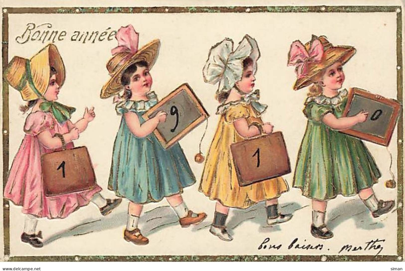 N°23875 - Carte Gaufrée - Nouvel An - Bonne Année 1910 - Fillettes Défilant - New Year