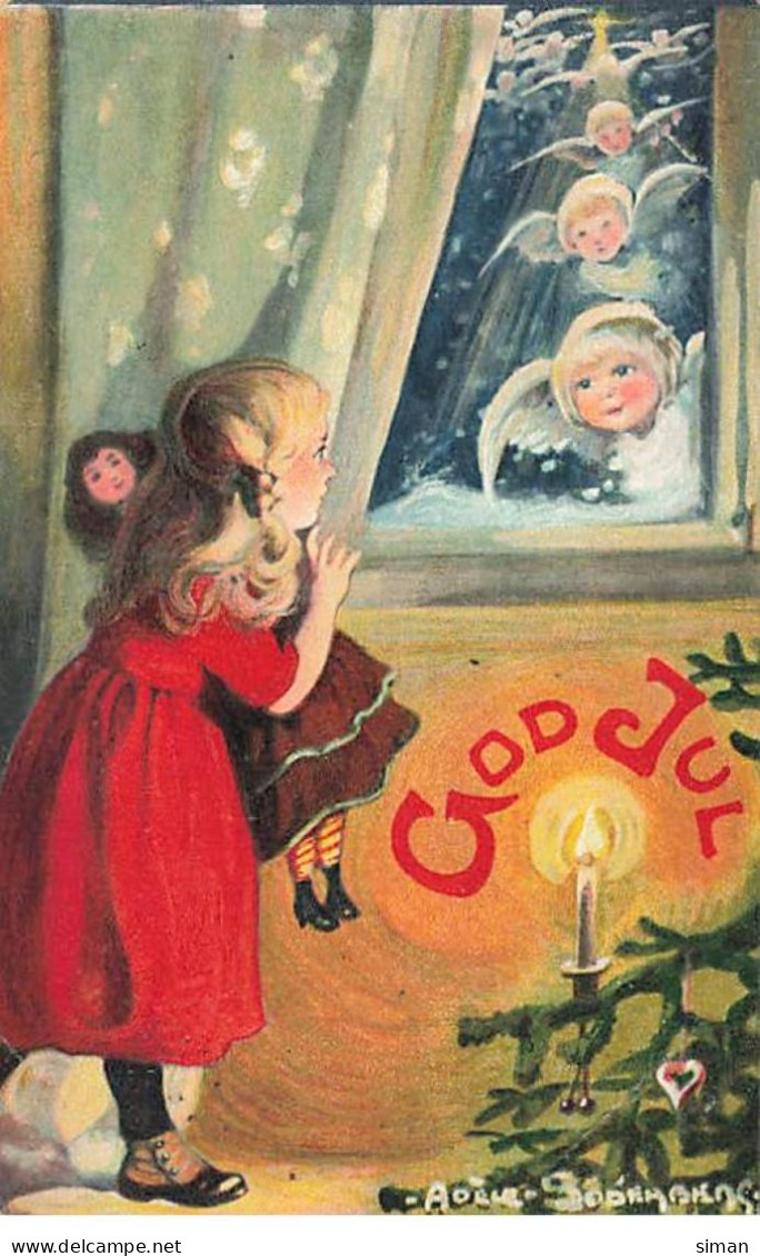 N°23896 - Noël - God Jul - Adèle Söderberg - Fillette Portant Sa Poupée, Regardant Des Anges Par La Fenêtre - Other & Unclassified