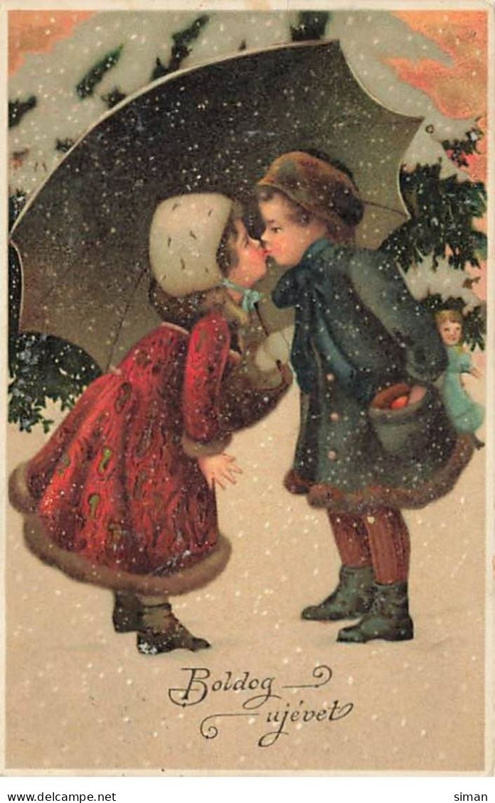 N°23894 - Noël - Boldog Ujevet - Deux Enfants S'embrassant à L'abri D'un Parapluie - Other & Unclassified