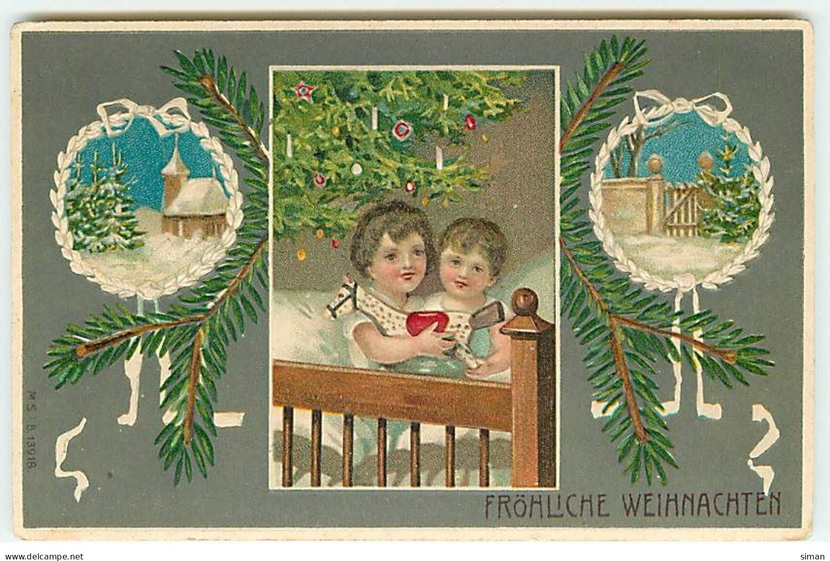 N°22871 - Carte Gaufrée - Noël - Fröhliche Weihnachten - Enfants Câlinant Un Cheval En Bois - Other & Unclassified