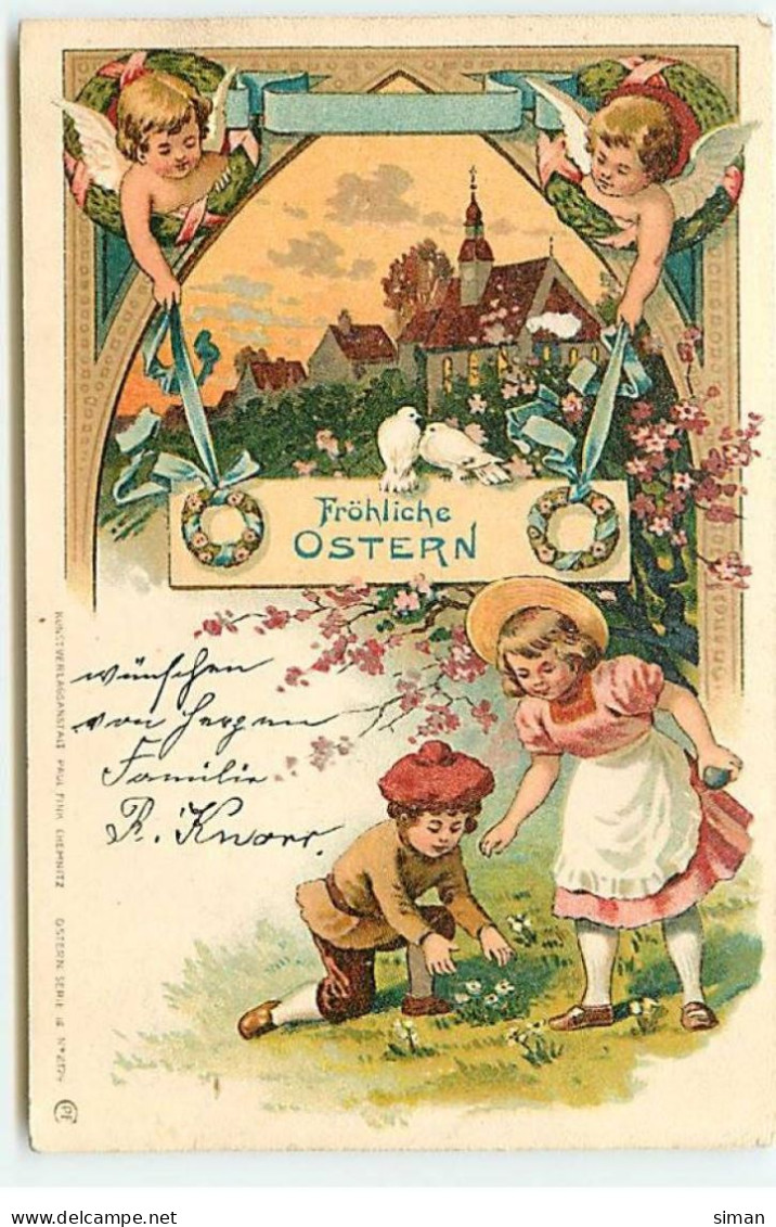 N°22867 - Pâques - Fröhliche Ostern - Anges Veillant Sur Des Enfants Dans Un Pré - Easter