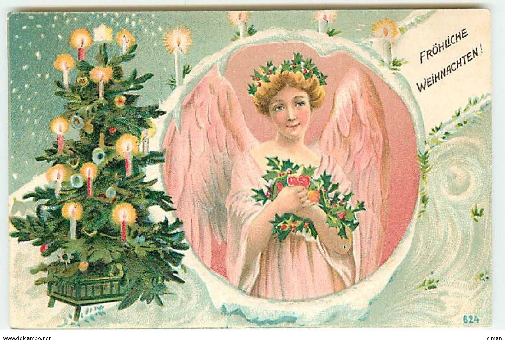 N°22872 - Carte Gaufrée - Noël - Fröhliche Weihnachten - Ange Gardien Portant Du Houx - Other & Unclassified