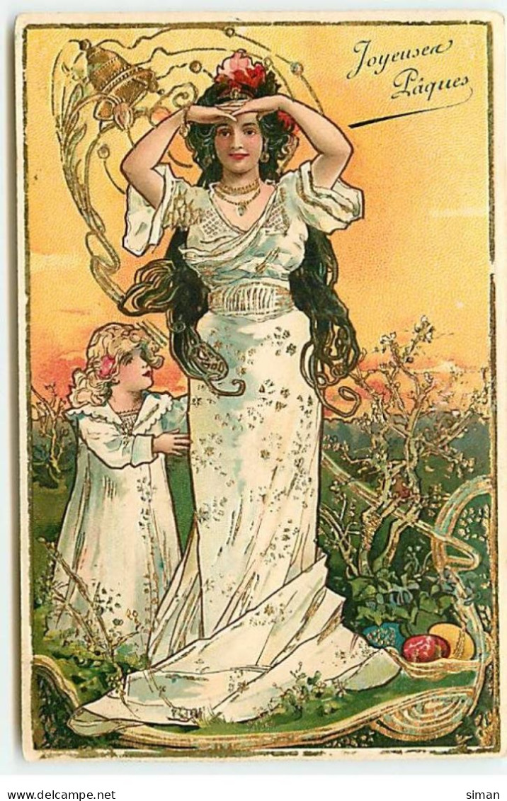 N°22864 - Carte Gaufrée - Art Nouveau - Joyeuses Pâques - Fillette Près D'une Femme Regardant Au Loin - Easter