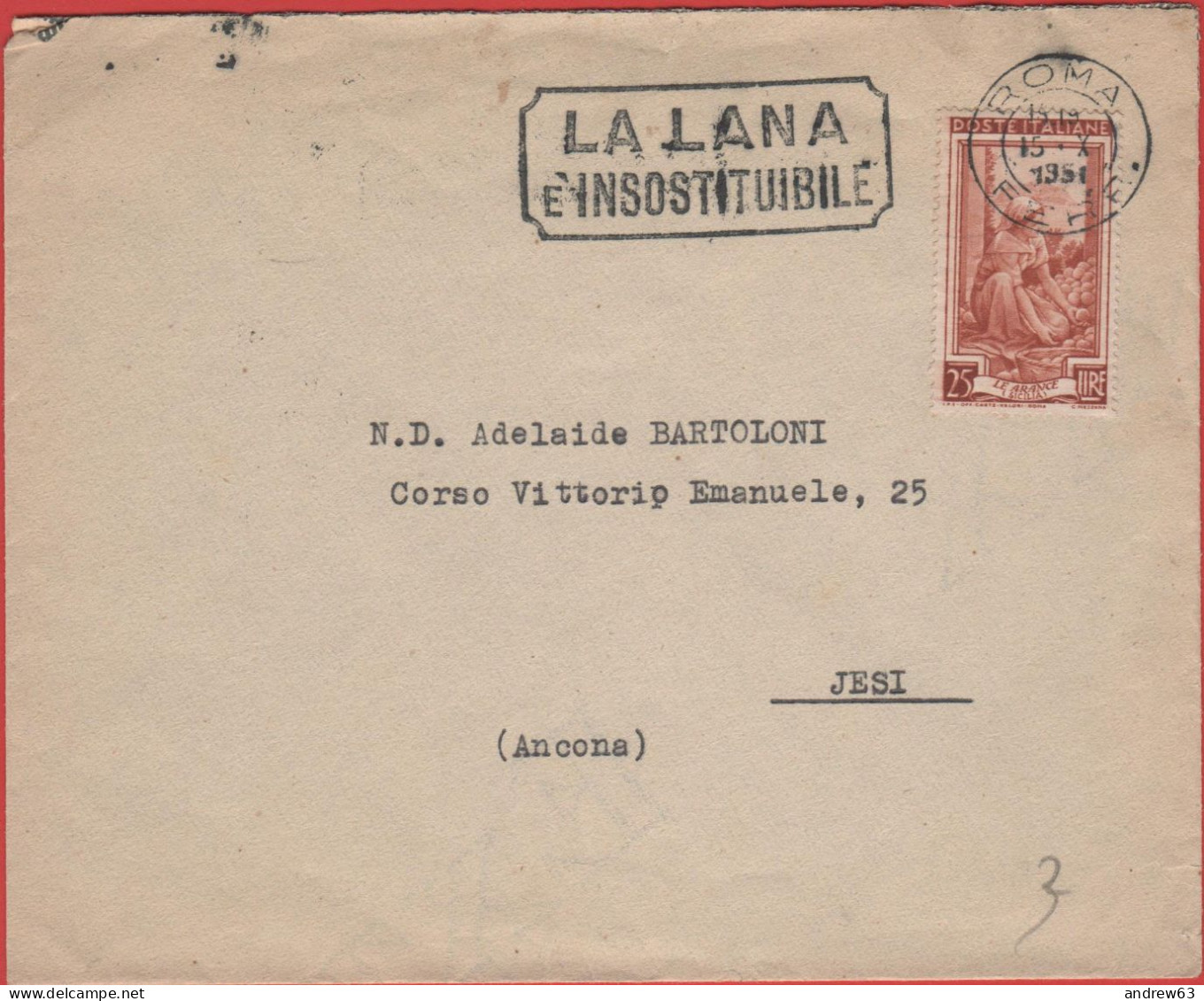 ITALIA - Storia Postale Repubblica - 1951 - 25 Italia Al Lavoro (Isolato) + Flamme La Lana - Lettera - Croce Rossa Itali - 1946-60: Marcophilie