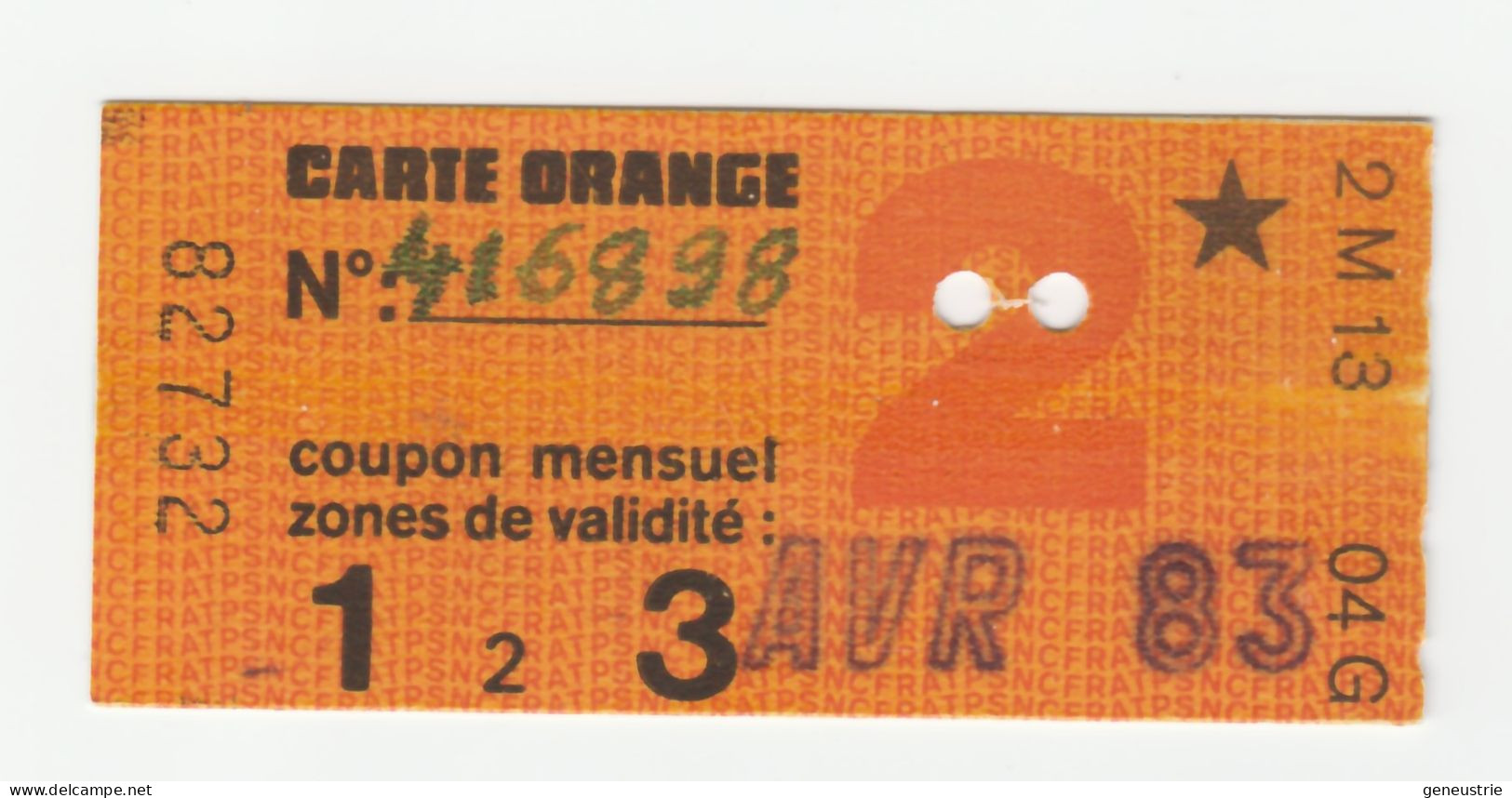 Ticket De Carte Orange Paris "Type Etoile" Avril 1983 - 2e Classe - Zones 1 à 3 - SNCF / RATP - Métro Parisien - Europe