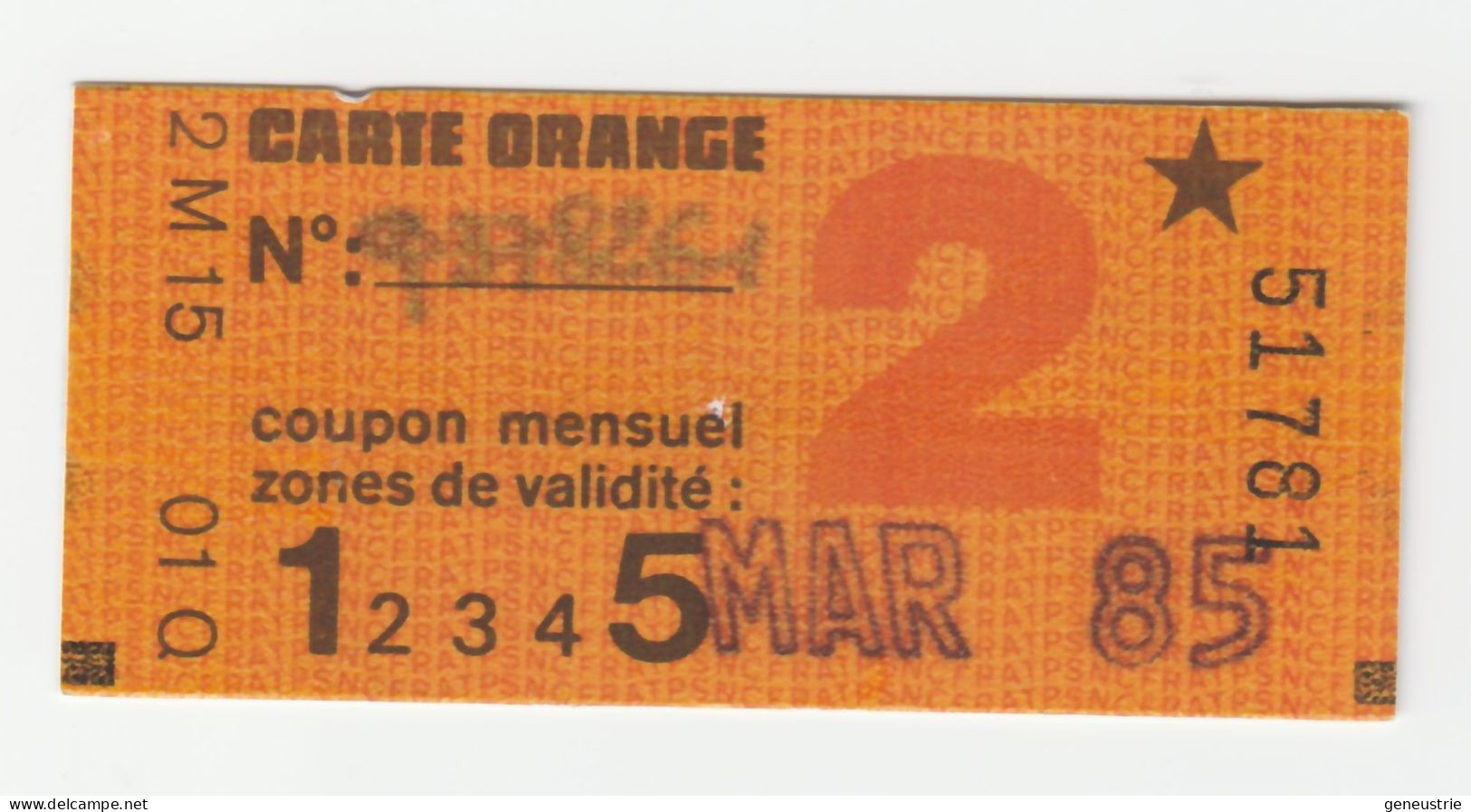 Ticket De Carte Orange Paris "Type Etoile" Mars 1985 - 2e Classe - Zones 1 à 5 - SNCF / RATP - Métro Parisien - Europe