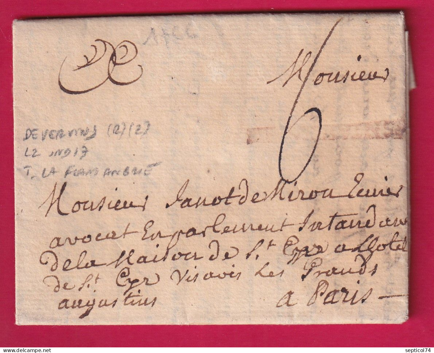 MARQUE DE VERVINS EN ROUGE 1766 AISNE LENAIN N°2 INDICE 17 TEXTE LA FLAMANBRIE POUR PARIS LETTRE - 1701-1800: Vorläufer XVIII