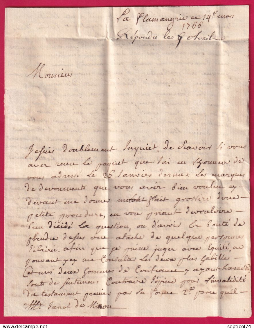 MARQUE DE VERVINS EN ROUGE 1766 AISNE LENAIN N°2 INDICE 17 TEXTE LA FLAMANBRIE POUR PARIS LETTRE - 1701-1800: Précurseurs XVIII