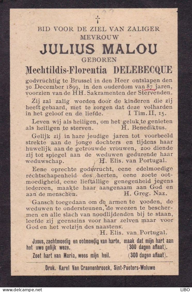 BRUSSEL Mechtildis DELEBECQUE épouse Julius MALOU Jules 1890 DP Souvenir Mortuaire Femme Ministre Catholique - Overlijden