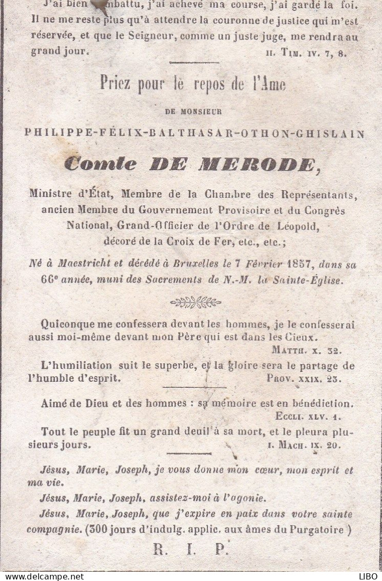 CONGRES NATIONAL GOUVERNEMENT PROVISOIRE Philippe Félix Comte De MERODE 1857 Souvenir Mortuaire DP - Décès