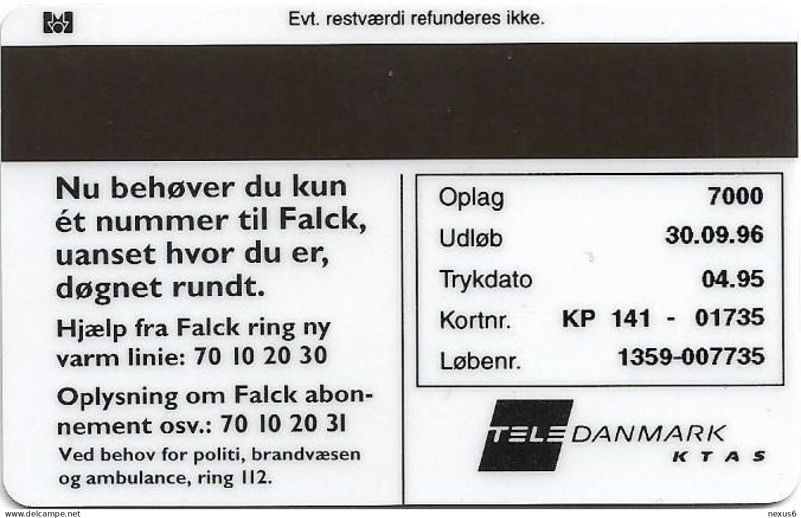 Denmark - KTAS - Falck - TDKP141 - 04.1995, 5kr, 7.000ex, Used - Danemark
