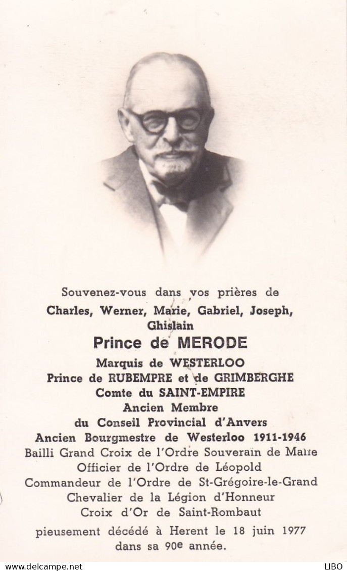 WESTERLOO Prince Charles De MERODE Burgemeester Westerloo 1919-1946 DP Ancien Conseil Provincial Anvers Hérent 1977 - Obituary Notices