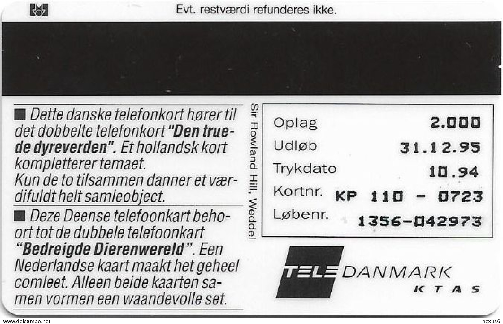 Denmark - KTAS - Crocodile, Krokodille - TDKP110 - 10.1994, 5kr, 2.000ex, Used - Denmark