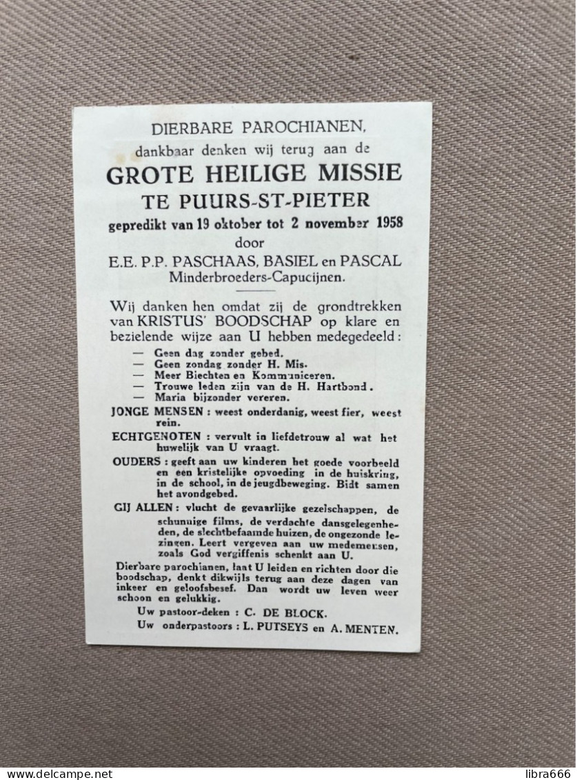Grote Heilige Missie - PUURS - St-Pieter 1958 - EEPP.  PASCHAAS, BASIEL En PASCAL / C. DE Block - L. Putseys - A. Menten - Santini