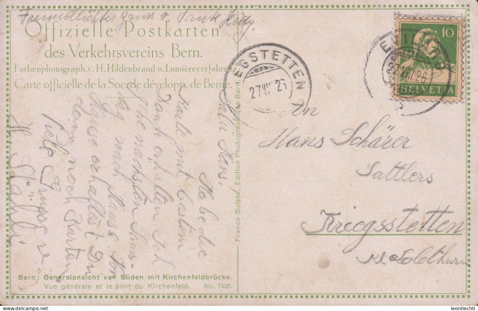 AK, Bern Offizielle Postkarte Des Verkehrsvereins Bern, ⵙ EVILARD 27.Vlll.26. Zum:153 - Berna