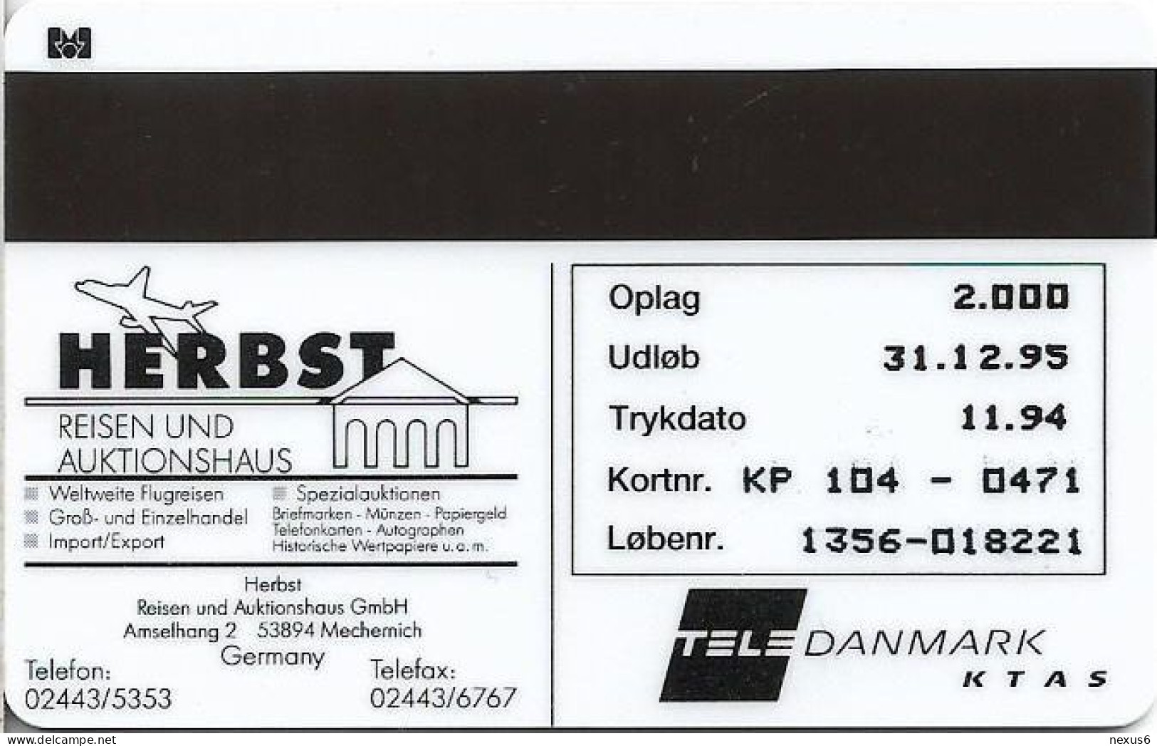 Denmark - KTAS - Herbst Travel & Auctions 5 - TDKP104 - 11.1994, 5kr, 2.000ex, Used - Dänemark