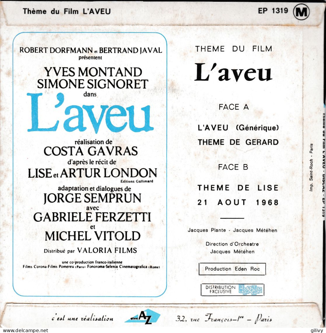 L'AVEU : " Thème Du Film " - EP - Musique De Films
