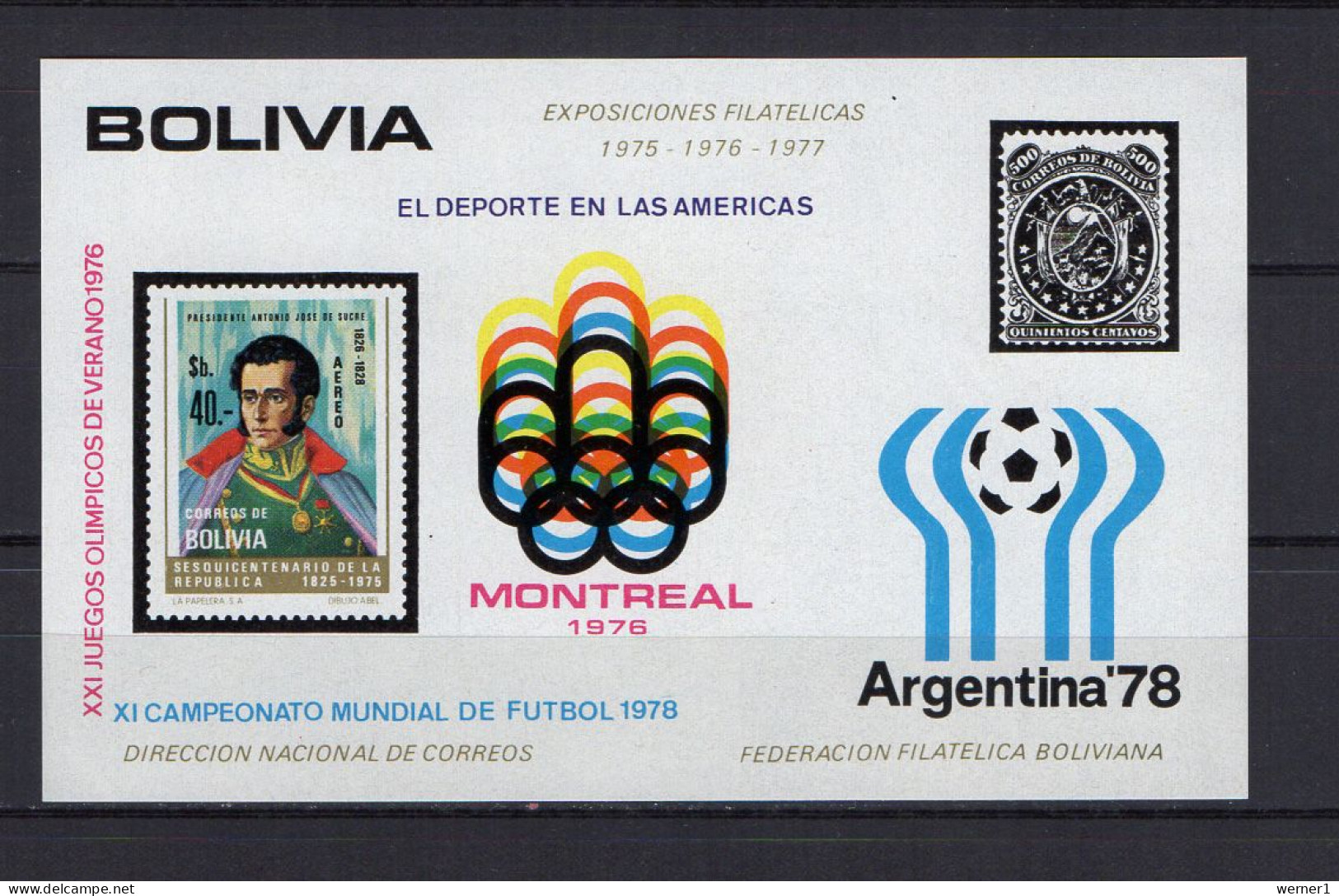 Bolivia 1975 Football Soccer World Cup, Olympic Games Montreal S/s MNH -scarce- - 1978 – Argentina