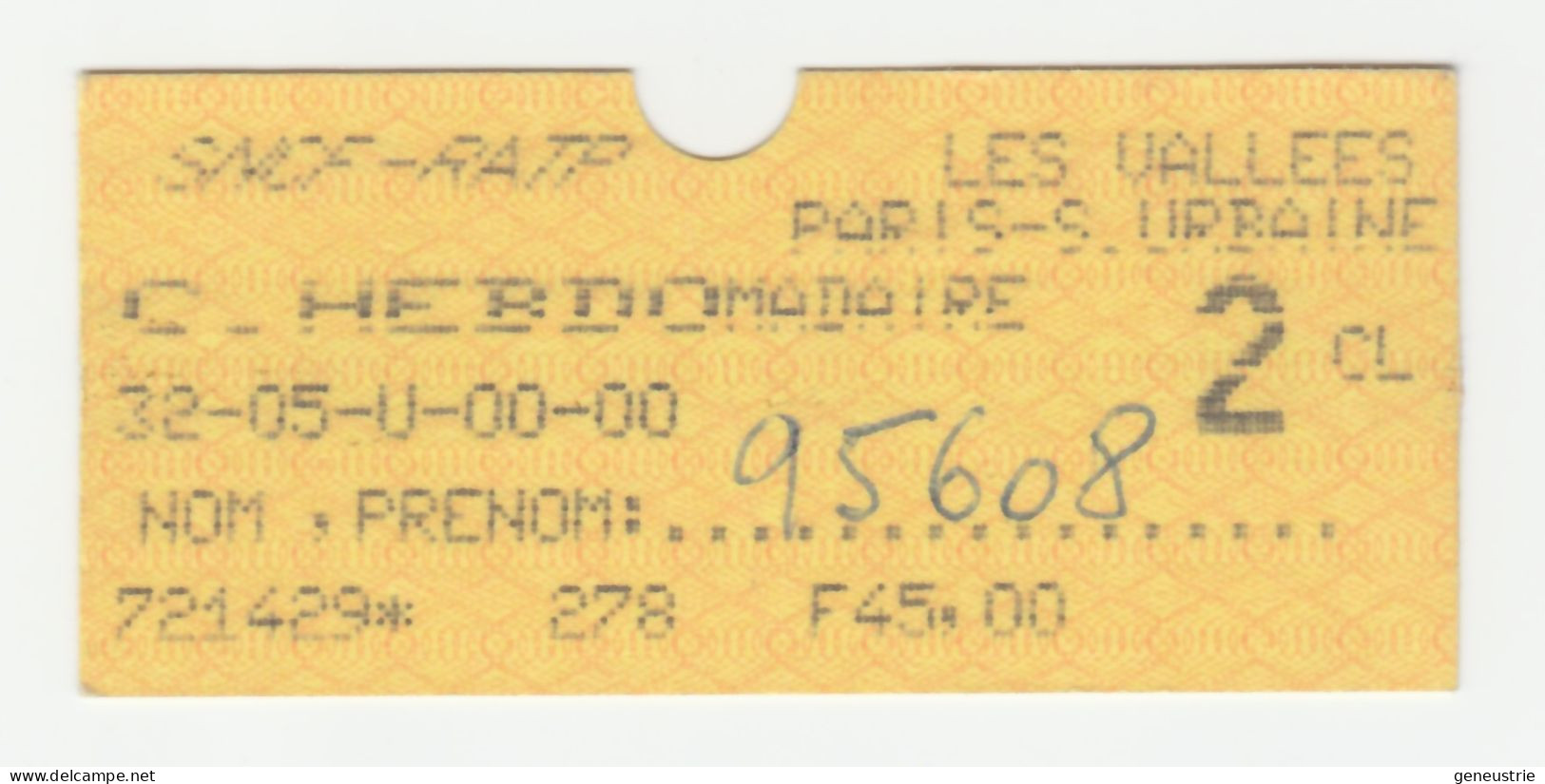 Ticket Hebdomadaire Parisien Début Années 90 RATP / SNCF "Les Vallées / Paris - Section Urbaine - Métro De Paris - Europa