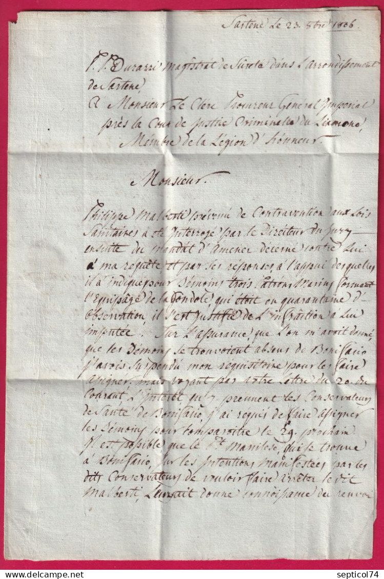 MARQUE 90 SARTENE CORSE CONTRE SEINGT LE MAGISTRAT DE SURETE 1806 POUR AJACCIO INDICE 19 LETTRE - 1801-1848: Precursores XIX