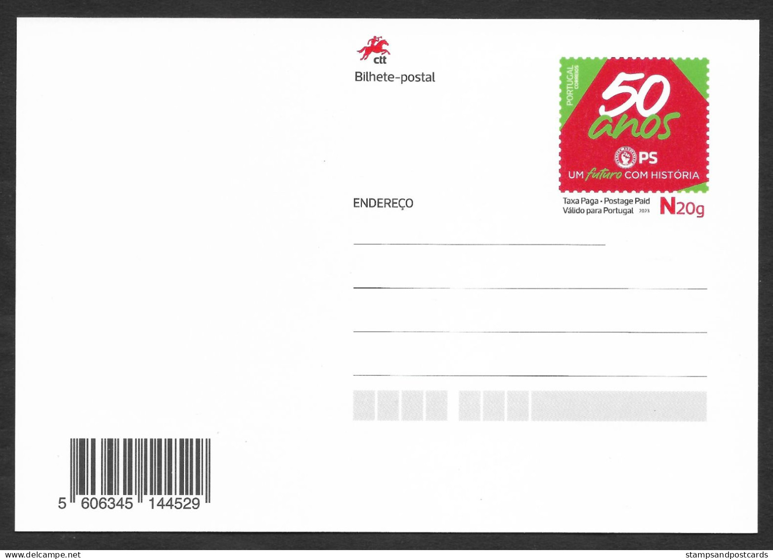 Portugal Entier Postal 2023 PS Partido Socialista Parti Socialiste 50 Ans Stationery Socialist Party 50 Years - Postal Stationery