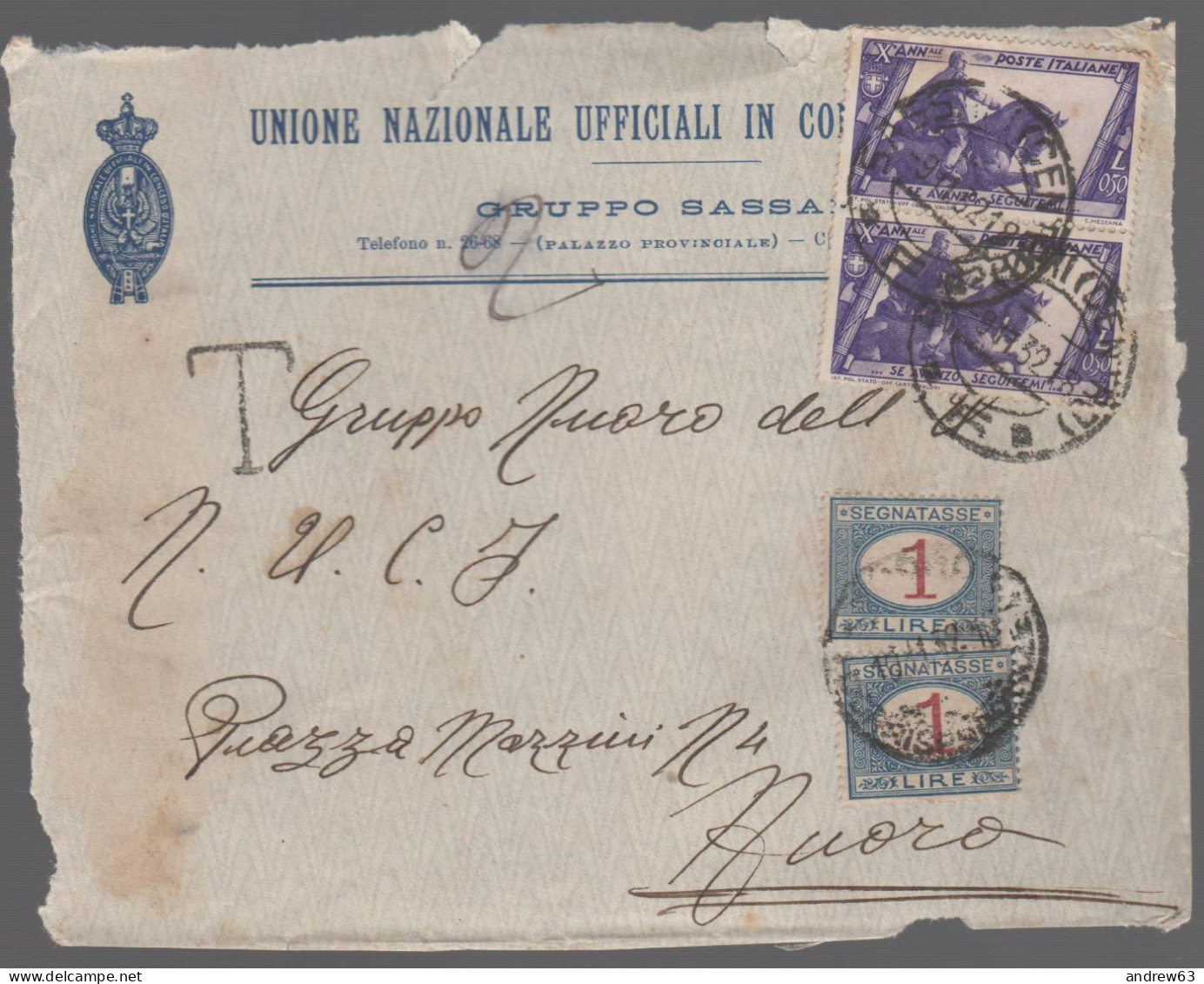 ITALIA - Storia Postale Regno - 1932 - 2x 50c Decennale Della Marcia Su Roma + 2x 1 Segnatasse - Lettera Tassata - Solo - Poststempel