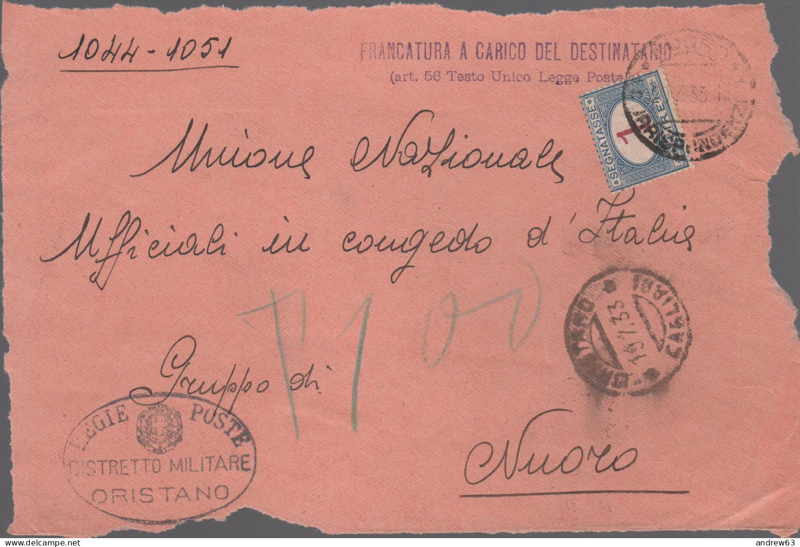 ITALIA - Storia Postale Regno - 1933 - 1 Segnatasse - Lettera Con Affrancatura A Carico Del Destinatario - Solo Frontesp - Marcofilía