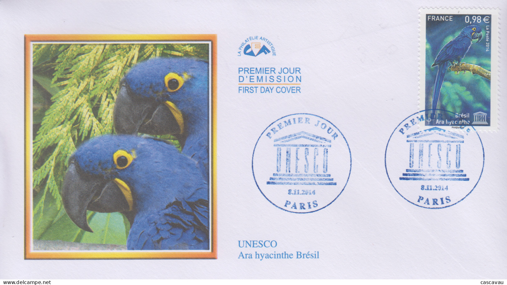 Enveloppe   FDC  1er  Jour    FRANCE    Ara  Hyacinthe    BRESIL     UNESCO    2014 - 2010-2019