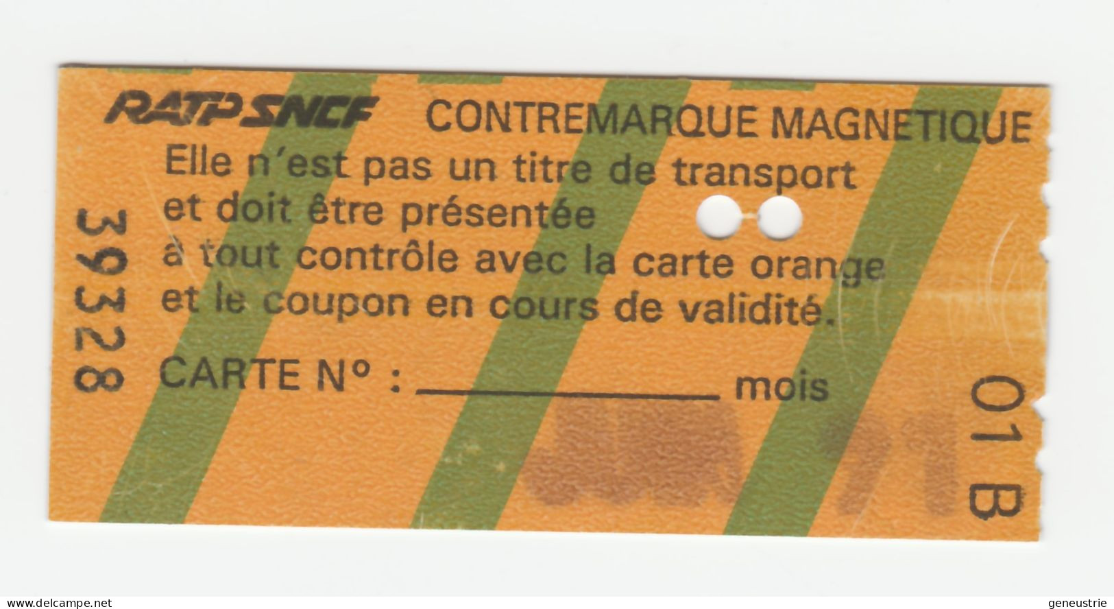 Ticket Parisien Juin 1991 RATP / SNCF "Contremarque Magnétique (station Balard)" Métro RER Paris (France) - Altri & Non Classificati