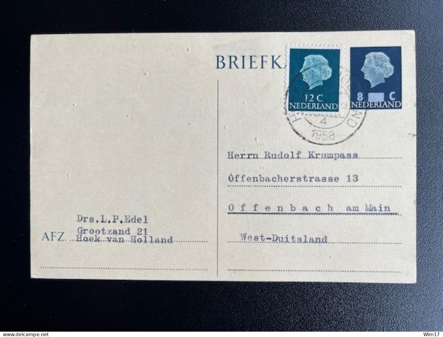 NETHERLANDS 1958 POSTCARD HOEK VAN HOLLAND TO OFFENBACH NEDERLAND - Postal Stationery